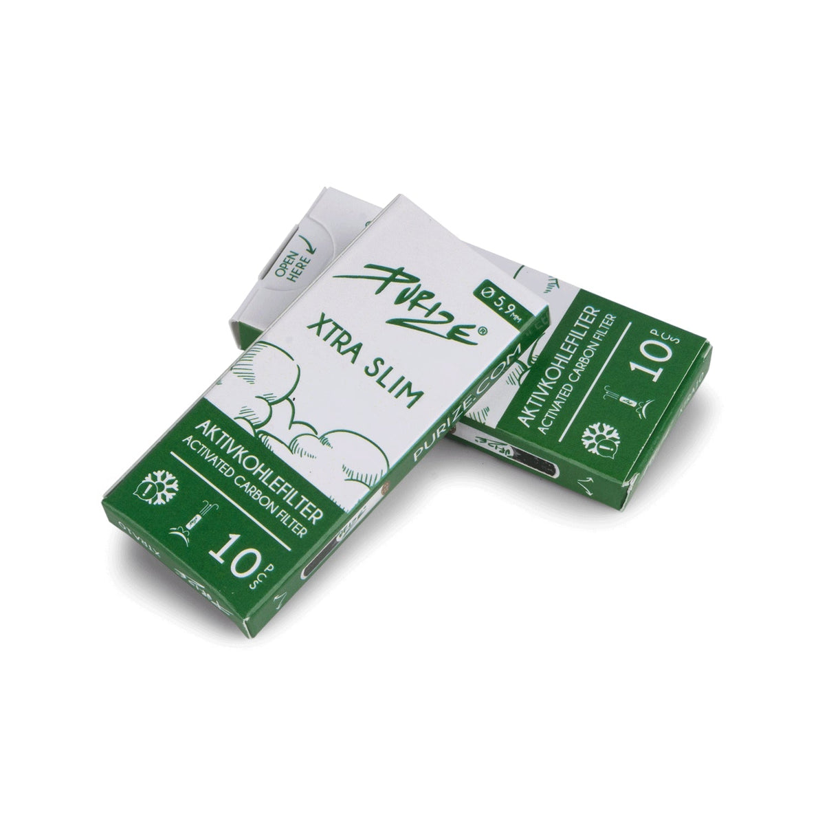 Kuvassa 10 kappaleen pakkaus PURIZE® XTRA Slim Size White -aktiivihiilisuodattimia, jotka ovat valkoisia ja suunniteltu tarjoamaan optimaalisen suodatuksen ja puhtaan maun.