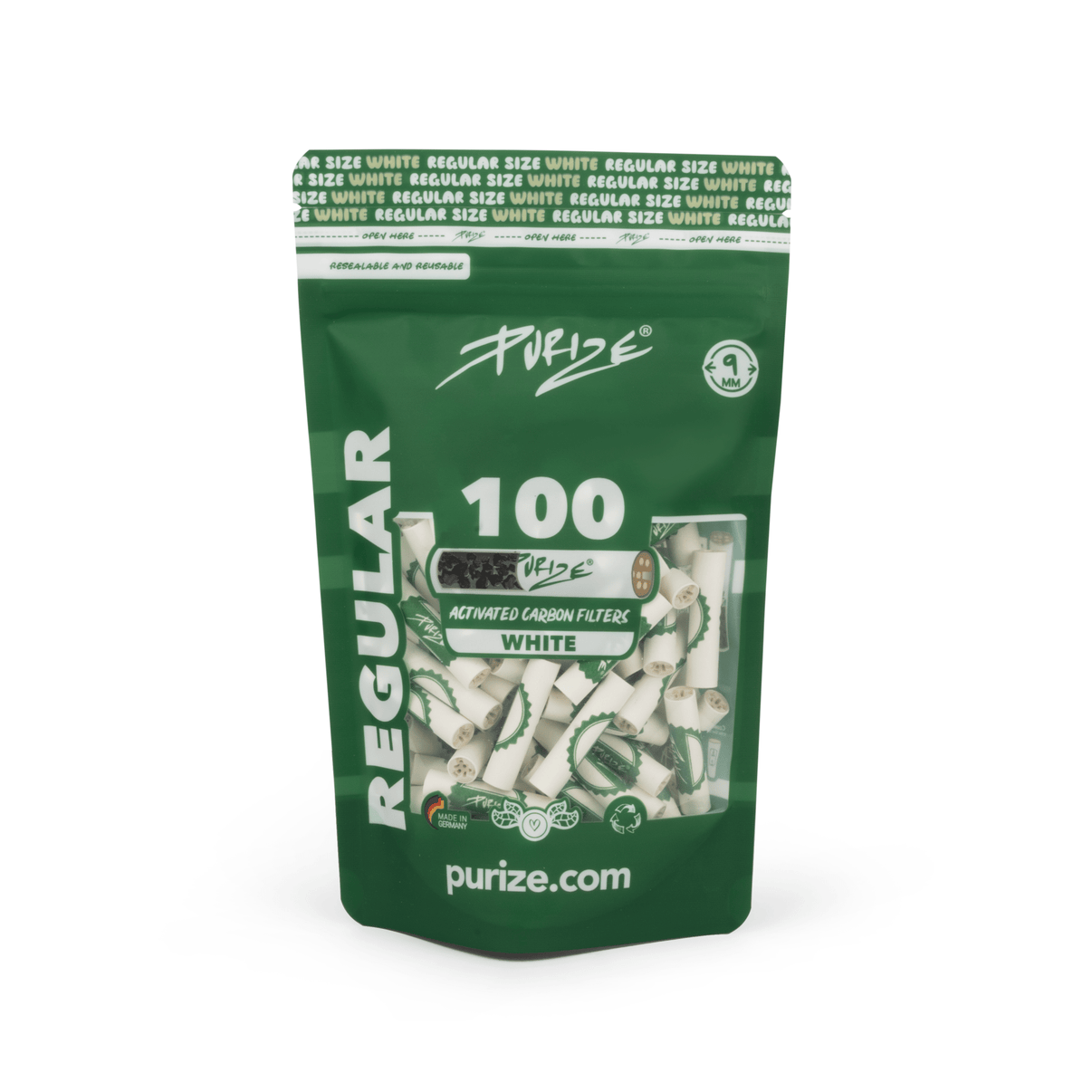 100 kappaleen pakkaus PURIZE Regular Size aktiivihiilisuodattimia keraamisilla päillä.