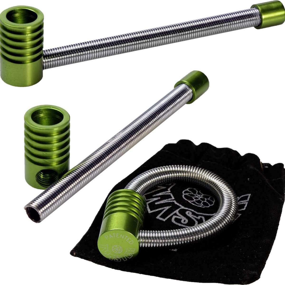 Kuva Twister Spring Pipe L -piipusta, jossa näkyy innovatiivinen metallinen jousimekanismi savukanavassa. Piippu on tyylikäs, musta ja kompaktin kokoinen.