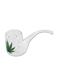 Classic Hand Pipe angled glass transparent Hemp Leaf BL -lasipiippu valkoisella taustalla, näyttäen kulmikkaan muotoilun ja hamppulehti-logon.