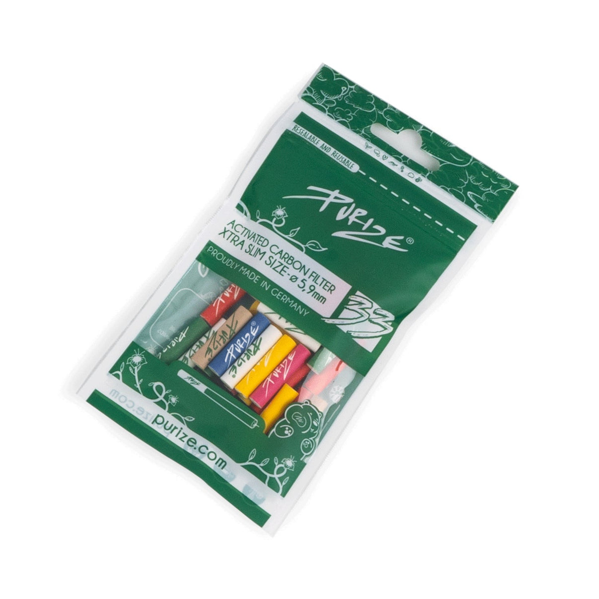 Kuva 33 PURIZE® XTRA Slim Size Multicolor -aktiivihiilifiltteristä uudelleensuljettavassa pakkauksessa, esitellen eri värisiä keraamisia päitä.