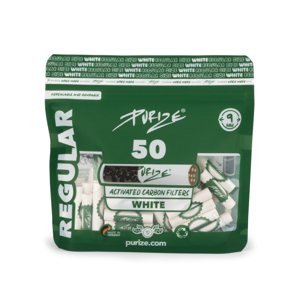 50 kappaleen pussi PURIZE® Regular Size 9mm aktiivihiilifilttereitä keraamisilla päädyillä