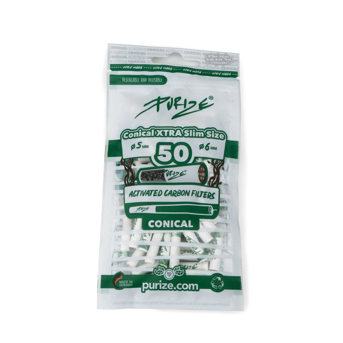 50 kappaleen pussi PURIZE XTRA Slim Size Conical aktiivihiilifilttereitä kartiomaiseen käärimiseen