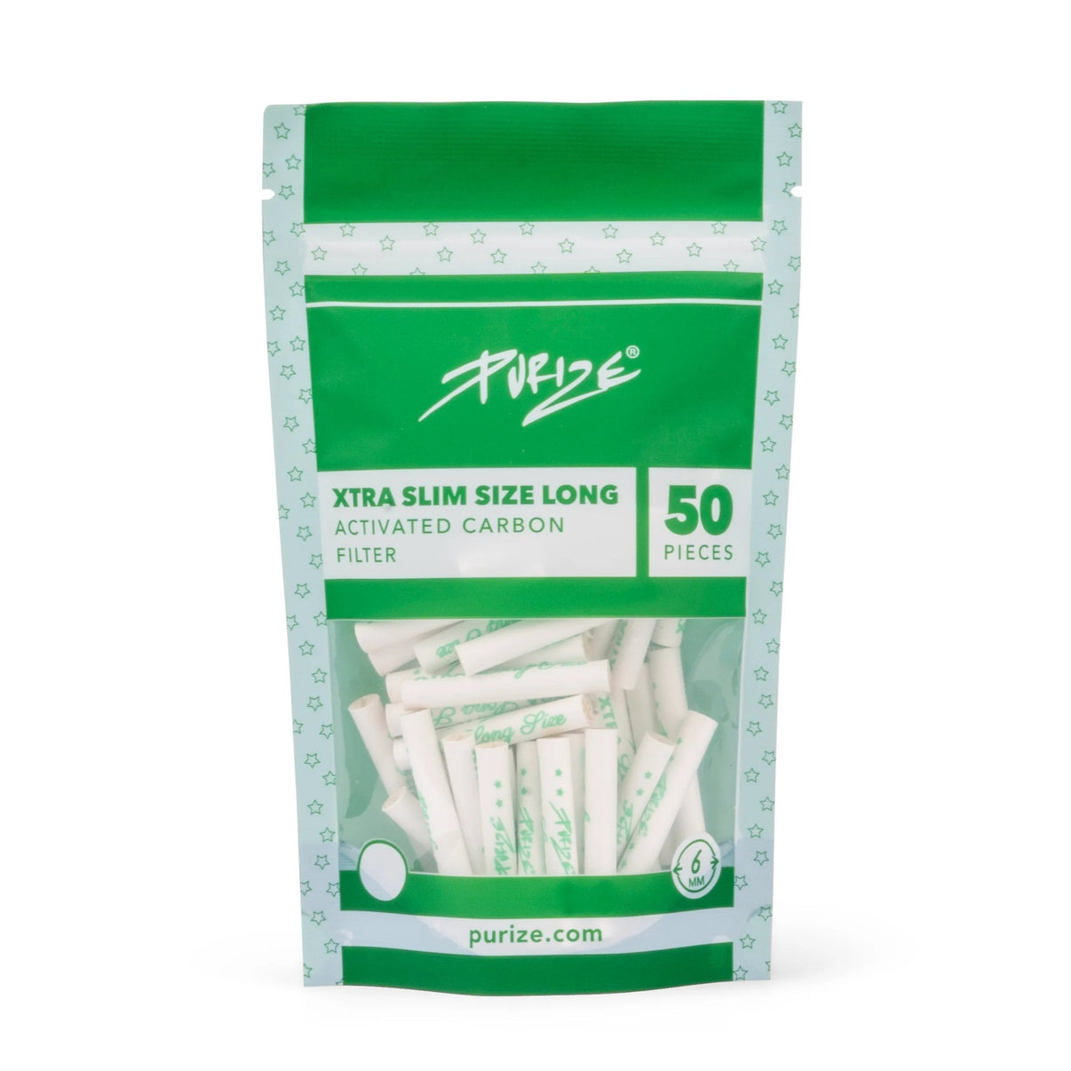 50 kappaleen pakkaus valkoisia PURIZE® XTRA Slim Size LONG -aktiivihiilisuodattimia keraamisilla päädyillä.