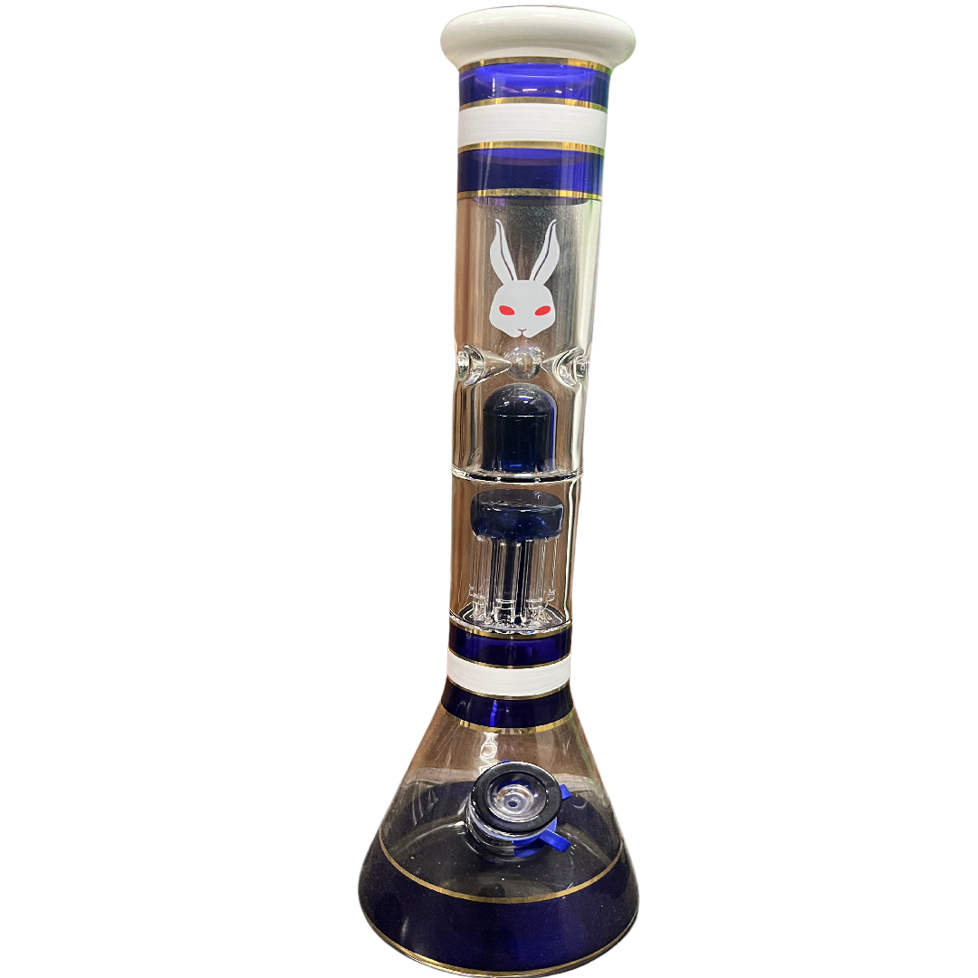 Kani Striped Beaker 8-arm 46cm lasisuodatin, jossa on elegantti raidallinen kuviointi ja tehokas 8-haarainen percolaattori, valkoinen tausta.