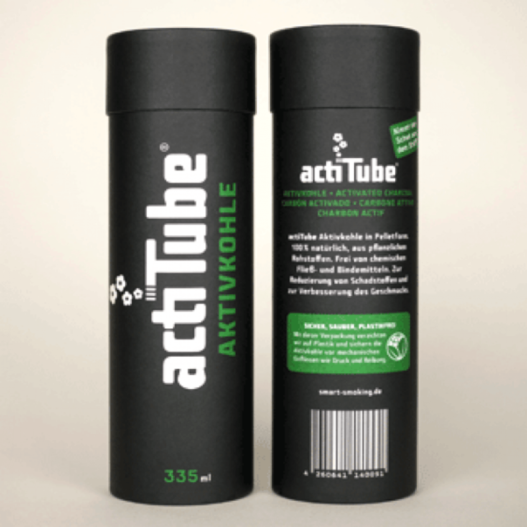 Actitube Aktiivihiili 335ml purkki ja korkealaatuiset pellettimuotoiset hiilirakeet