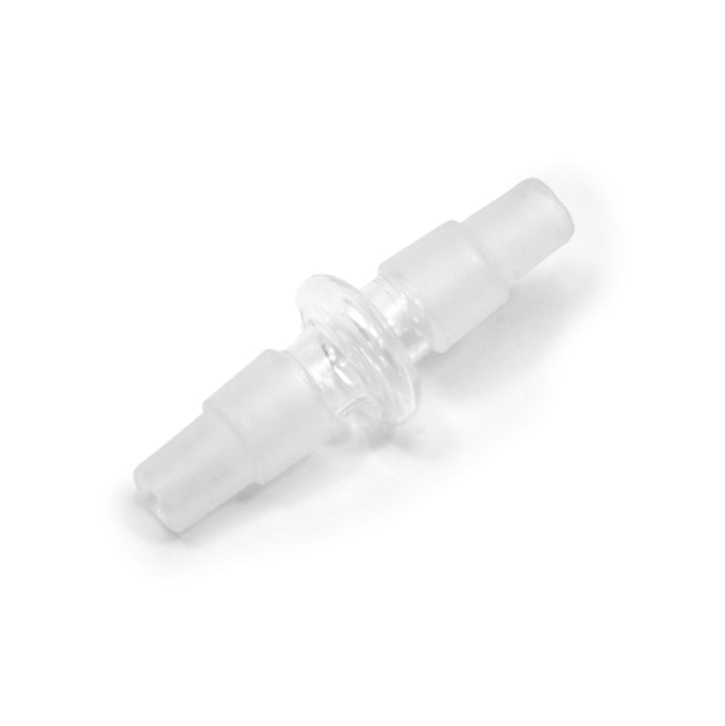 Läpinäkyvä borosilikaattilasinen Y-muotoinen bong-adapteri, jossa on kolme liitäntää: yksi 14/18 mm urosliitäntä bongiin ja kaksi 14/18 mm urosliitäntää lisäosille.