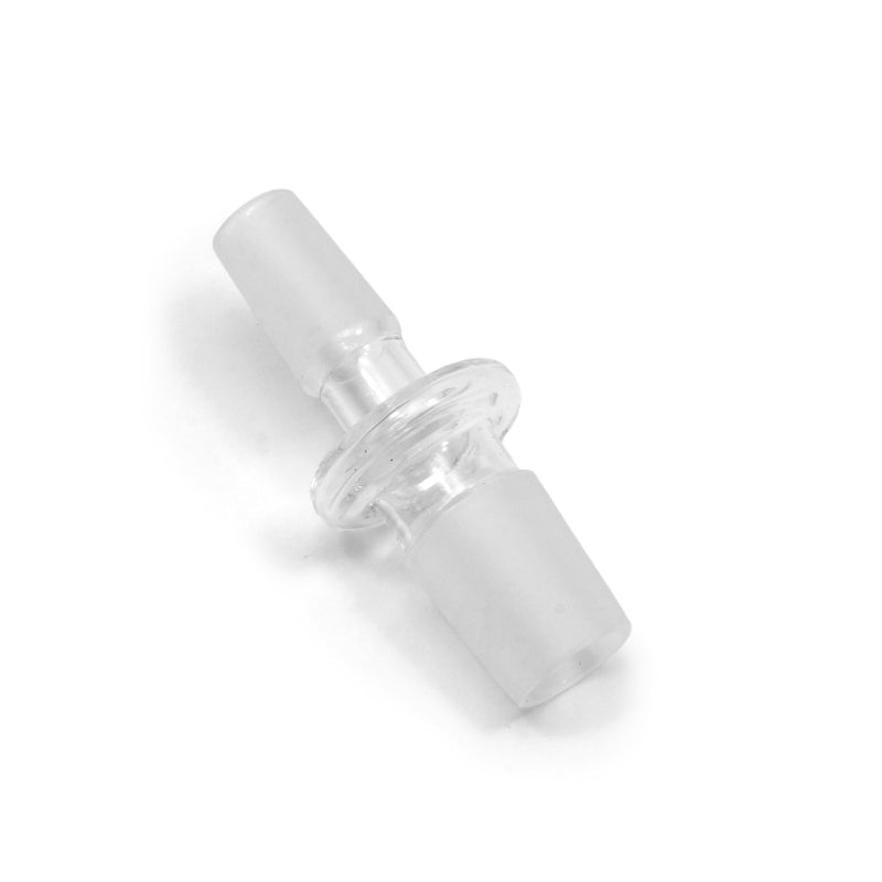 Läpinäkyvä borosilikaattilasinen bong-adapteri, jossa 14mm urospuolinen pää ja 19mm urospuolinen pää.