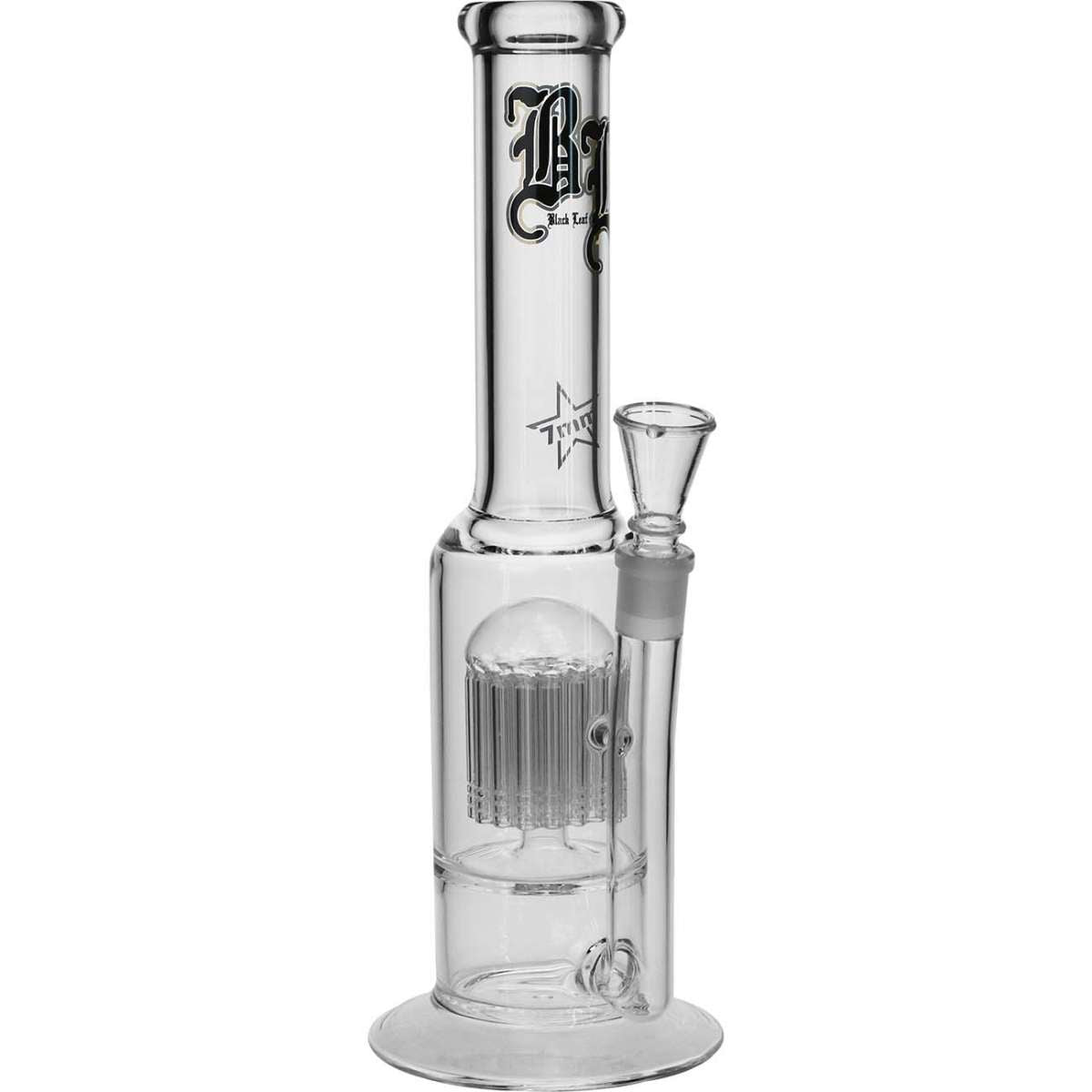 Black Leaf lasinen bong 24-haaraisella puuperkolaattorilla, kirkkaalla lasilla ja mustalla logolla, valkoisella taustalla, täytettynä vedellä.