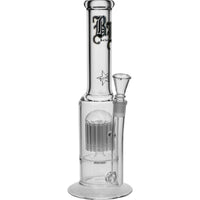 Black Leaf lasinen bong 24-haaraisella puuperkolaattorilla, kirkkaalla lasilla ja mustalla logolla, valkoisella taustalla, täytettynä vedellä.