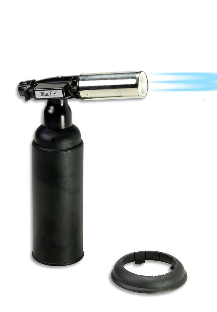 Musta Black Leaf Torch elektroninen sytkäri, jossa näkyy kaksi sinistä suihkuliekkiä ja ergonominen muotoilu.