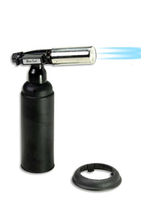 Musta Black Leaf Torch elektroninen sytkäri, jossa näkyy kaksi sinistä suihkuliekkiä ja ergonominen muotoilu.