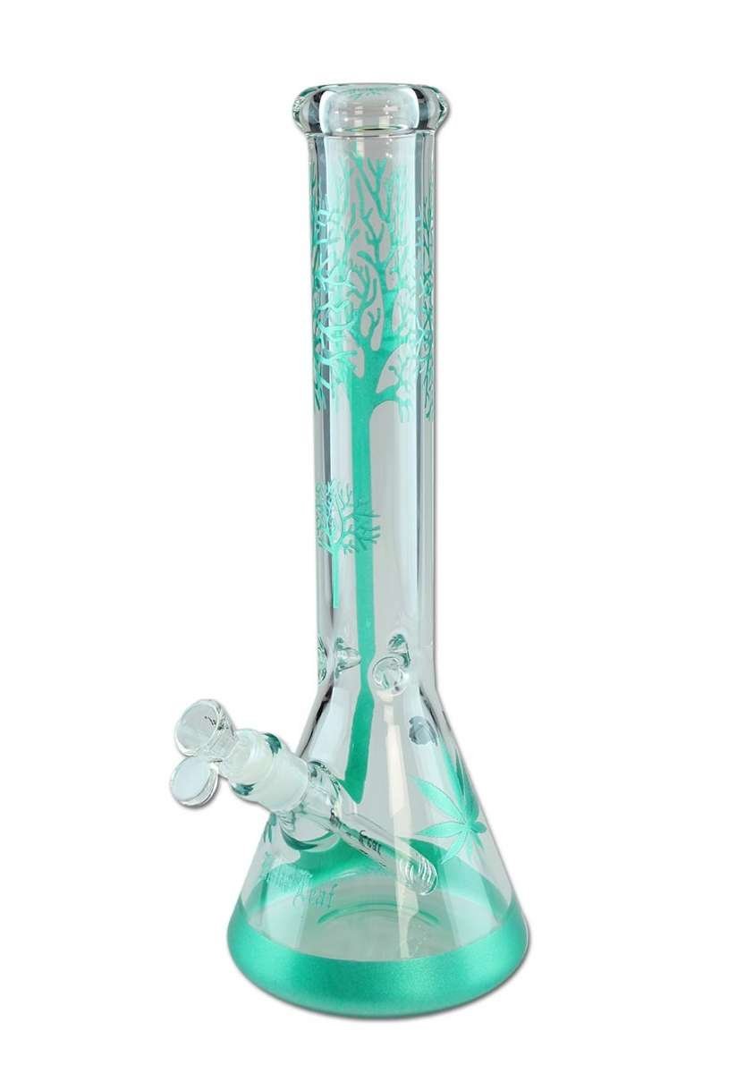Tyylikäs jäävihreä Black Leaf Tree Flask Bong, jossa on tehokas tree-perkolaattori ja jääpalalukko, valmistettu kestävästä borosilikaattilasista.