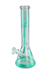 Tyylikäs jäävihreä Black Leaf Tree Flask Bong, jossa on tehokas tree-perkolaattori ja jääpalalukko, valmistettu kestävästä borosilikaattilasista.