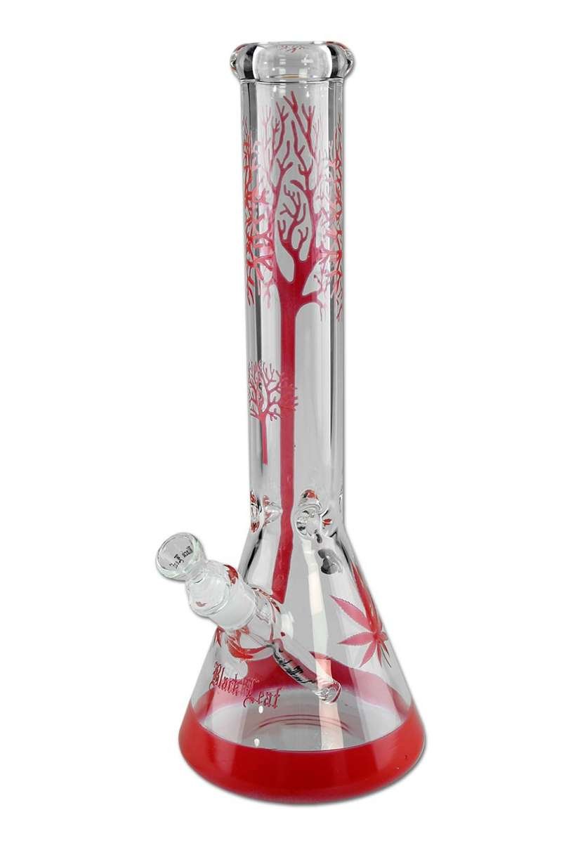 Musta Leaf Tree Flask Bong Ice Red -vesipiippu, jossa on punaisia yksityiskohtia, 8-vartinen puuperkolaattori, jääpykälät ja tukeva pullomainen pohja borosilikaattilasista.