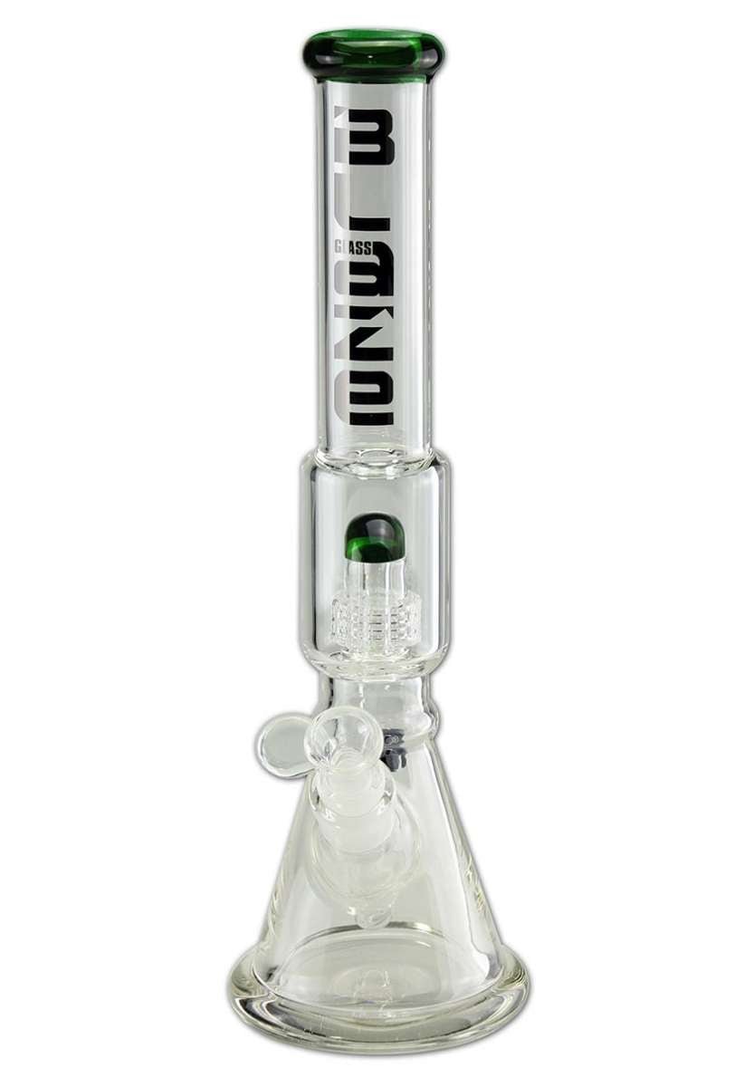 Vihreä BLAZE GLASS Ice Bong Drum Perkolaattori, valmistettu korkealaatuisesta borosilikaattilasista, jääpalapidikkeellä ja rumpuperkolaattorilla.