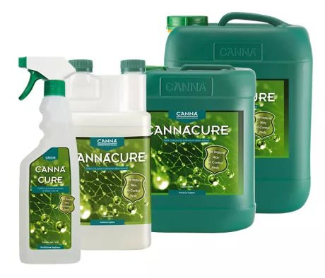 Canna CANNACURE -pullo ja vihreitä, terveitä kasveja. Kuva korostaa tuotteen luonnonmukaista suoja- ja ravinnevaikutusta.