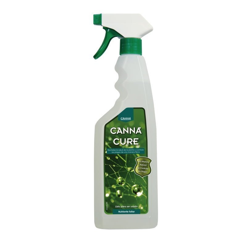 Canna CANNACURE -pullo ja vihreitä, terveitä kasveja. Kuva korostaa tuotteen luonnonmukaista suoja- ja ravinnevaikutusta.