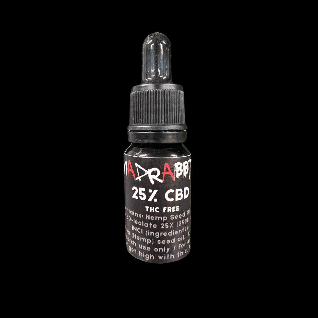 Vahva 25% THC-vapaa CBD-öljy tiiviissä 10ml lasipullossa Kaninkolo.