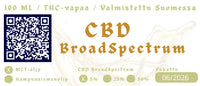 Lähikuva 100ml Broad Spectrum CBD-ihoöljypullon 5% etiketistä, jossa näkyvät selkeästi ainesosat ja maininta "vain ihonhoitoon".