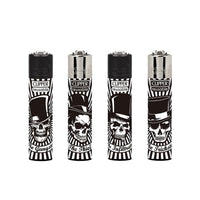 Kokoelma neljästä Clipper Party Skulls -sytyttimestä, joissa on neonvärisiä, graafisia pääkallohahmoja mustalla pohjalla, symboloiden juhlatunnelmaa ja asennetta.