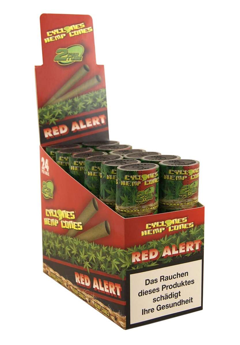 Kuvassa CYCLONE Hemp Cone Red Alert -hamppukartio läpinäkyvässä suojaputkilossa, korostettuna kirkkaan punaisella etiketillä ja Red Alert -logolla.