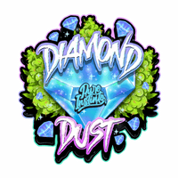 Pakkaus Pure Instinto Diamond Dust feminisoituja kannabiksen siemeniä, kuvassa esimerkki tiheästä, valkoisesta ja hartsisesta kukinnosta.