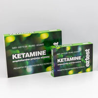 Ez test Ketamine pikareagenssitesti ketamiinin tunnistamiseen, pakkaukseen sisältyvä väriasteikko ja käyttöohje.
