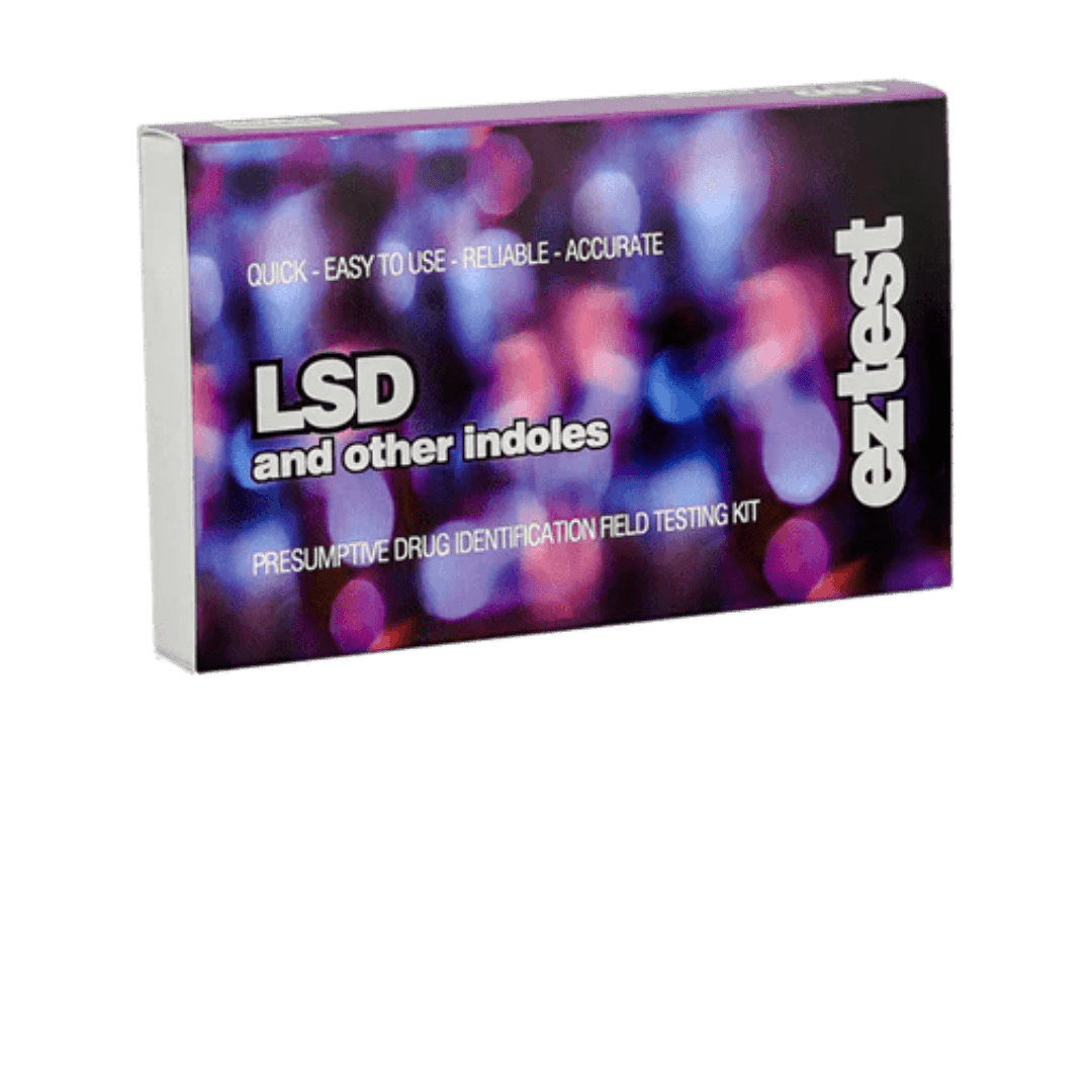 EZ Test LSD (Ehrlich) reagenssitestipaketti, jossa on värikartta ja testipullo indolien ja LSD:n tunnistamiseen turvallisuuden takaamiseksi.