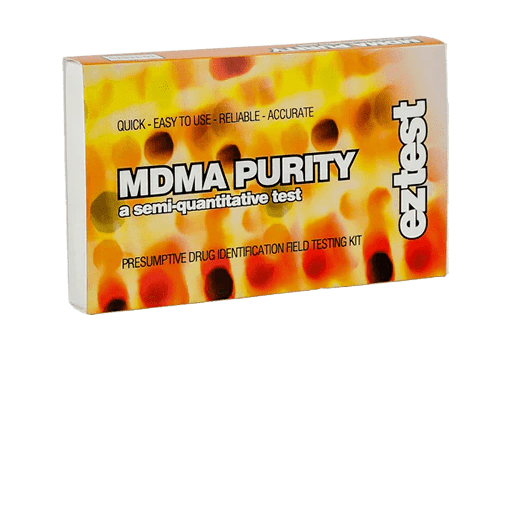EZ Test MDMA (Marquis) -pikatestipakkaus, jossa näkyy reagenssipullo, värikartta ja testattava jauhe. Tunnista MDMA ja vältä vaaralliset aineet.