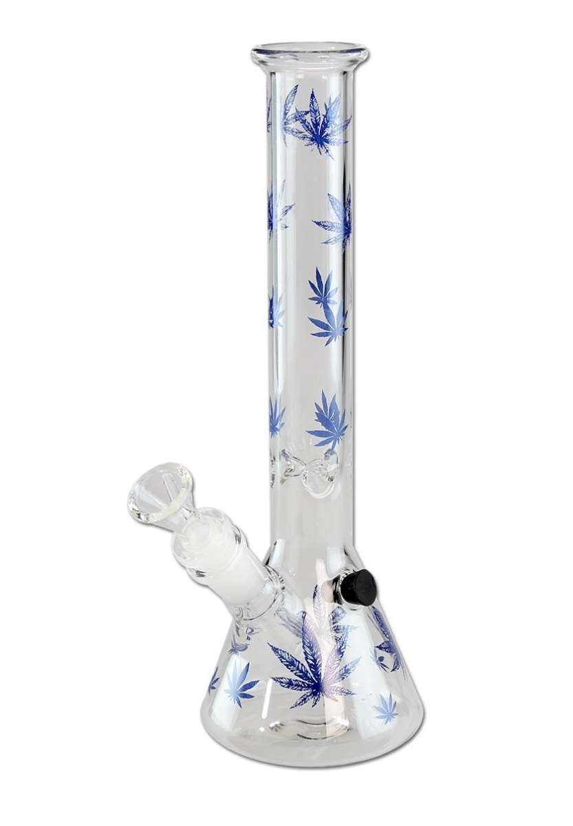 Sininen Flask Bong Ice Hemp Leaves lasi savukkeet, jäähdytysominaisuudella ja ainutlaatuisella muotoilulla.