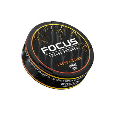 Focus Energy Pouch nikotiiniton energiapussirasia, jossa on moderni design ja kuvitus, joka heijastaa energiaa ja keskittymistä.