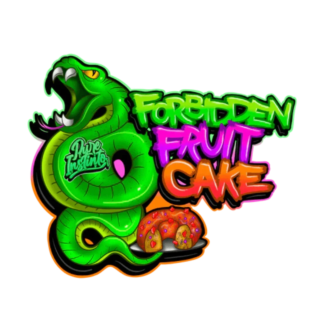 Forbidden Fruit Cake Pure Instinto -pakkaus, jossa näkyy laatumerkintä ja kasvigeneettiset siemenet keräily- ja tutkimuskäyttöön.