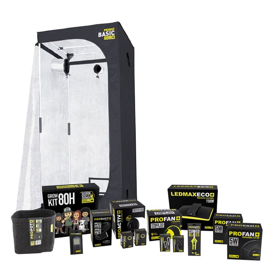 Garden High Pro Growkit 80H telttapaketti esittelykuva, sisältäen kasvuteltan, LED-valon, puhaltimen ja hiilisuodattimen.