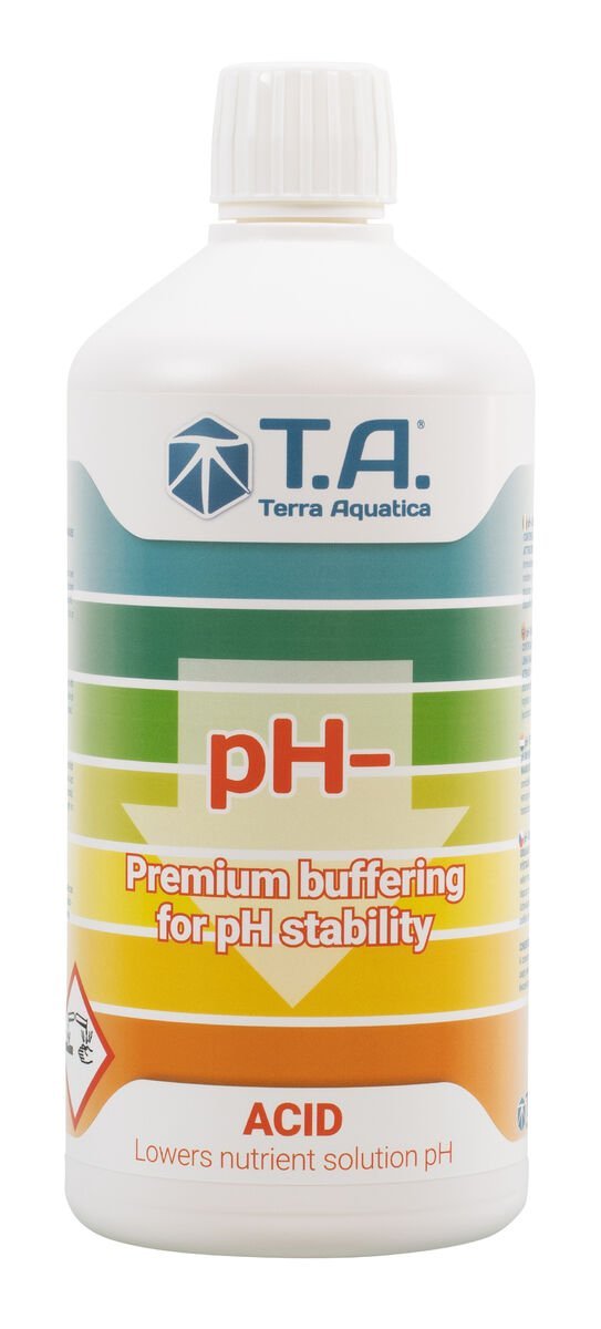GHE pH Down nestemäinen pH-säätöaine ravinneliuoksille vesiviljelyssä, valkoinen pullo vihreällä etiketillä, valmiina käyttöön.