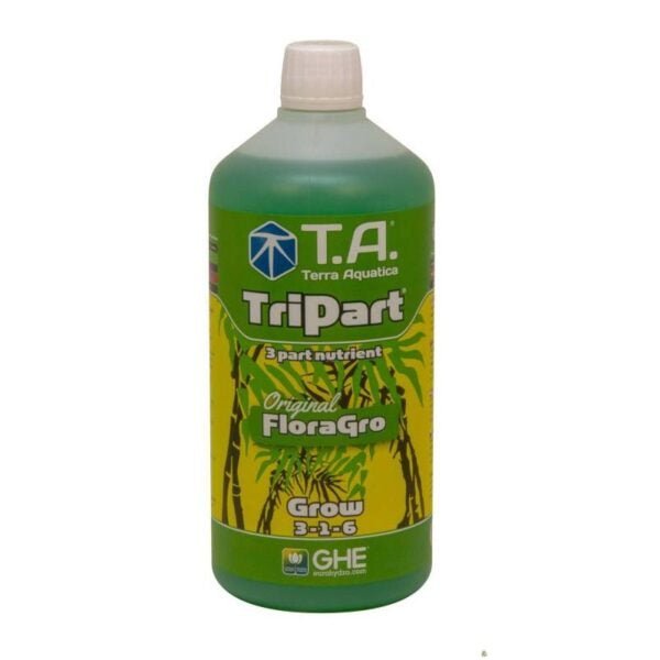 GHE/Terra Aquatica TriPart Grow 1L ravinne litran pullossa, etiketti vihreällä teemalla korostaa sen tehokkuutta kasvien vegetatiivisessa kasvuvaiheessa.