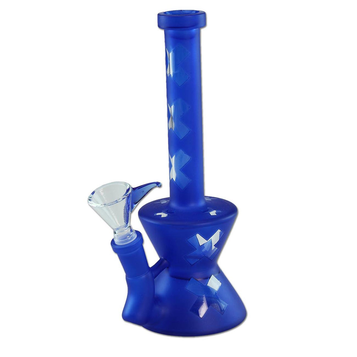 Mattasininen lasibongi tyylikkäillä ristikuvioilla, 21 cm korkea, valkoisella taustalla. Bongi sisältää irrotettavan diffuuseri-downstemin ja bowlin.