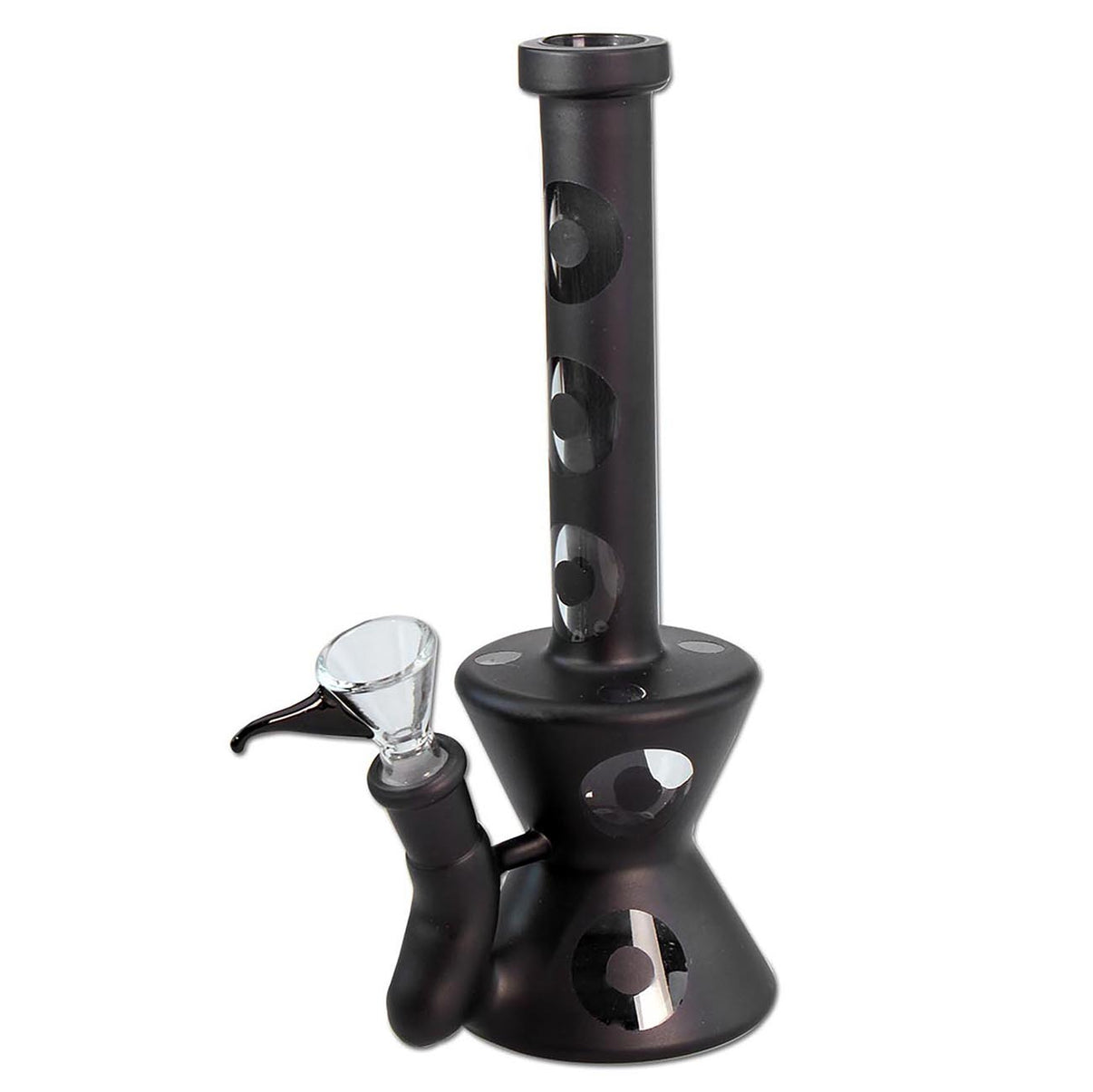 Glass Bong Circles Matt Black -lasibongi, samettisen mattamusta pinta ja kirkkaat, pyöreät savuikkunat näkyvissä, minimalistisella taustalla.