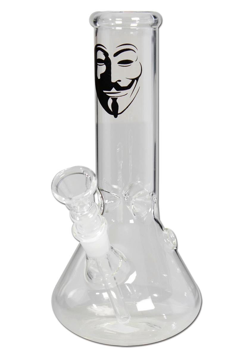 Musta lasinen jääbongi Anonymous Guy Fawkes -maskin kuvalla, 21cm korkea, kirkas printti ja jääpiikit viilennykseen.