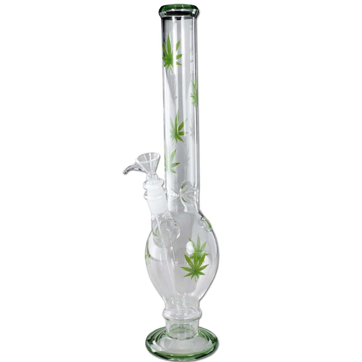 Tyylikäs 41 cm korkea lasinen icebong, jossa on vihreitä hamppu-lehtikuviointeja rungossa ja kirkas jääominaisuudellinen kaula.
