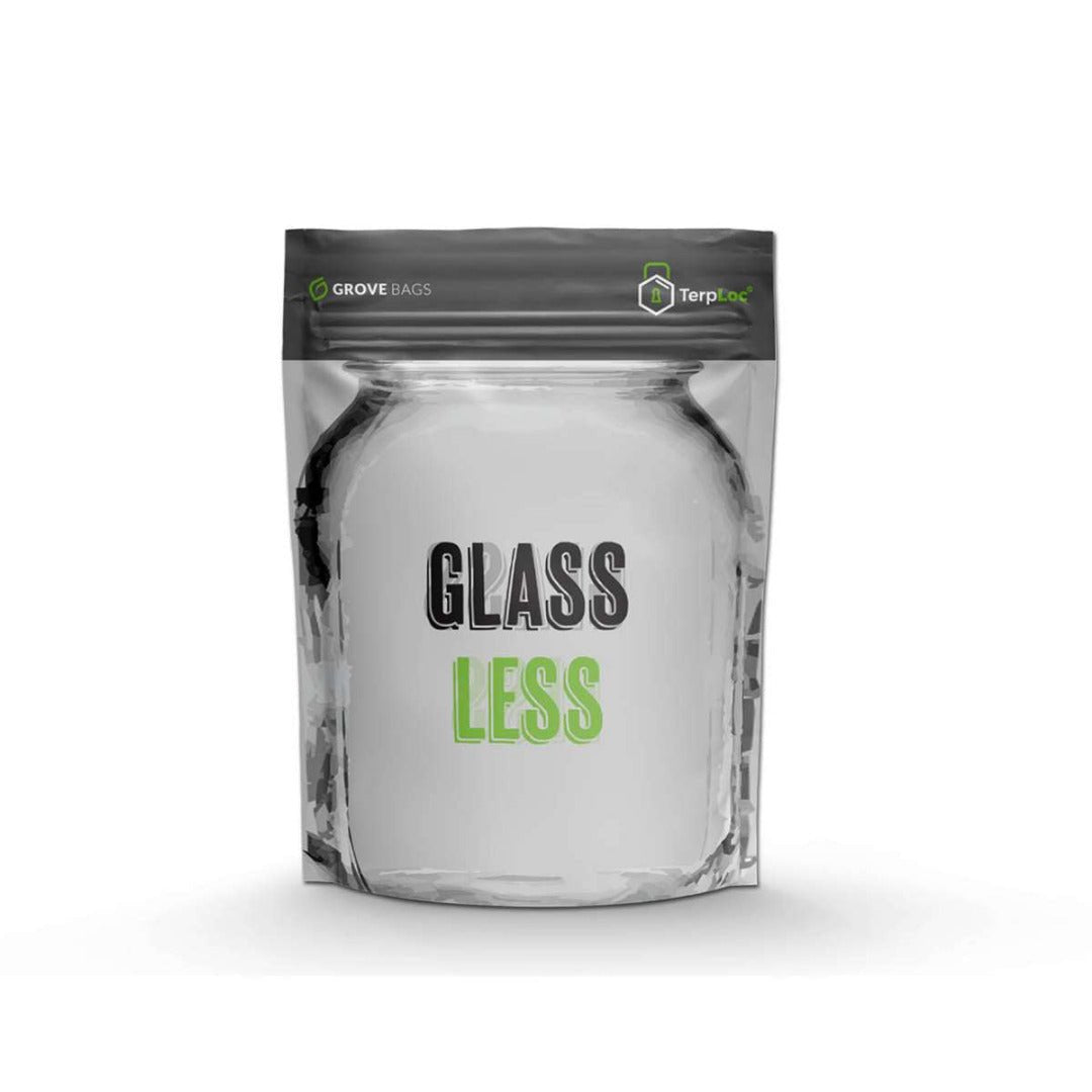 Tummanvihreä Grove Bags TerpLoc "Glassless" 15g -säilytyspussi suljettuna, korostaen modernia muotoilua ja ilmatiiviyttä.