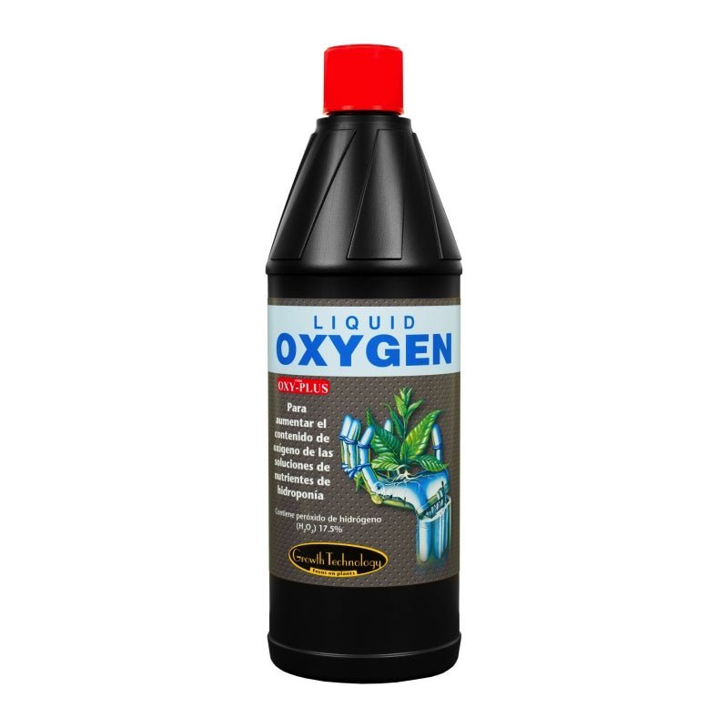 Pullollinen Growth Technology Liquid Oxygen -vetyperoksidia, sinertävä neste, valko-vihreä etiketti ja korkki, käytetään kasvien juuriston happeuttamiseen ja vesiviljelyn puhdistukseen.