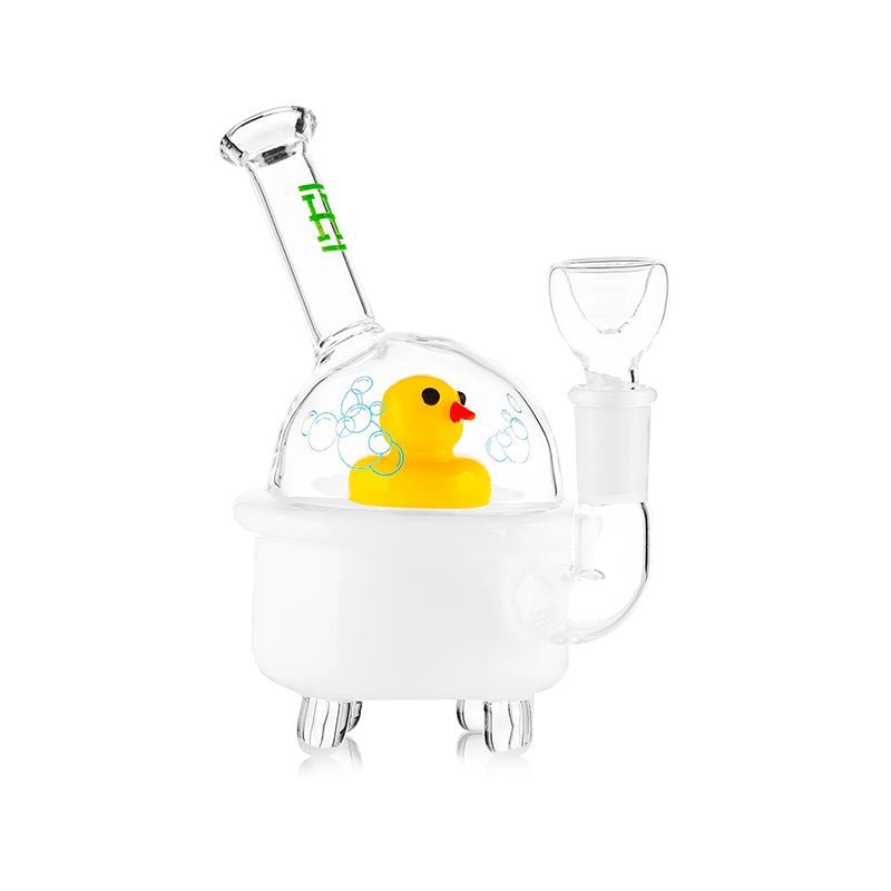 HEMPER Ducky Bong -lasibongi, jossa on keltainen kylpyankka sisällä ja tehokas showerhead-perkolaattori. Kuvassa näkyy kirkas lasi ja iloinen ankkahahmo.