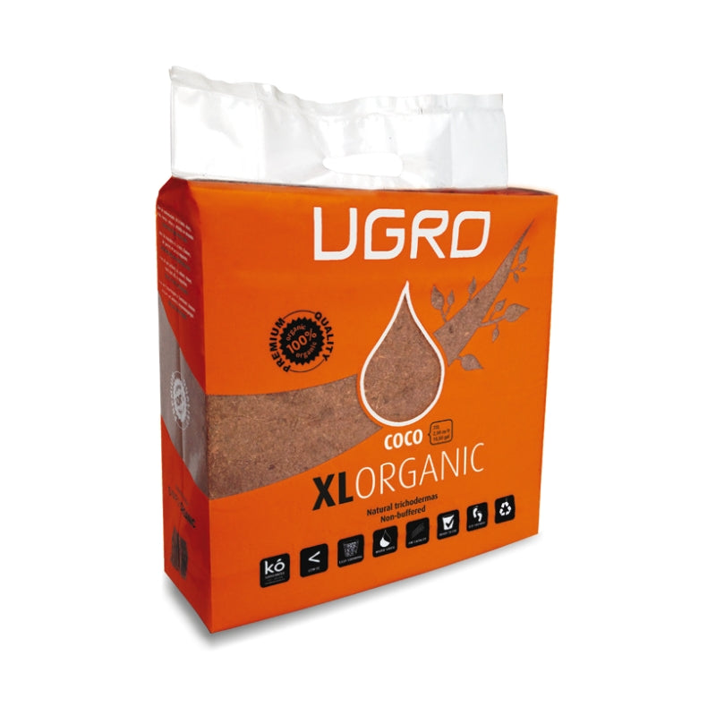 UGRO Kookoskuituharkko XL Organic 70L pakkaus, jossa on kuva tiivistetystä kookoskuituharkosta ja sen laajenemisesta 70 litraksi ilmavaa kasvualustaa.
