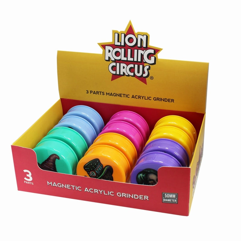 Värikäs Lion Rolling Circus akryyli grinderi, kannessa tunnistettava leijonalogo. Kaksiosainen rakenne ja terävät murskaushampaat näkyvissä.
