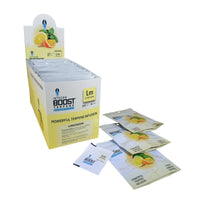 Oranssi Integra Boost Terpene Essentials Limoneeni 67g pakkaus ja kosteusindikaattorikortti sitrushedelmien kuvituksella.