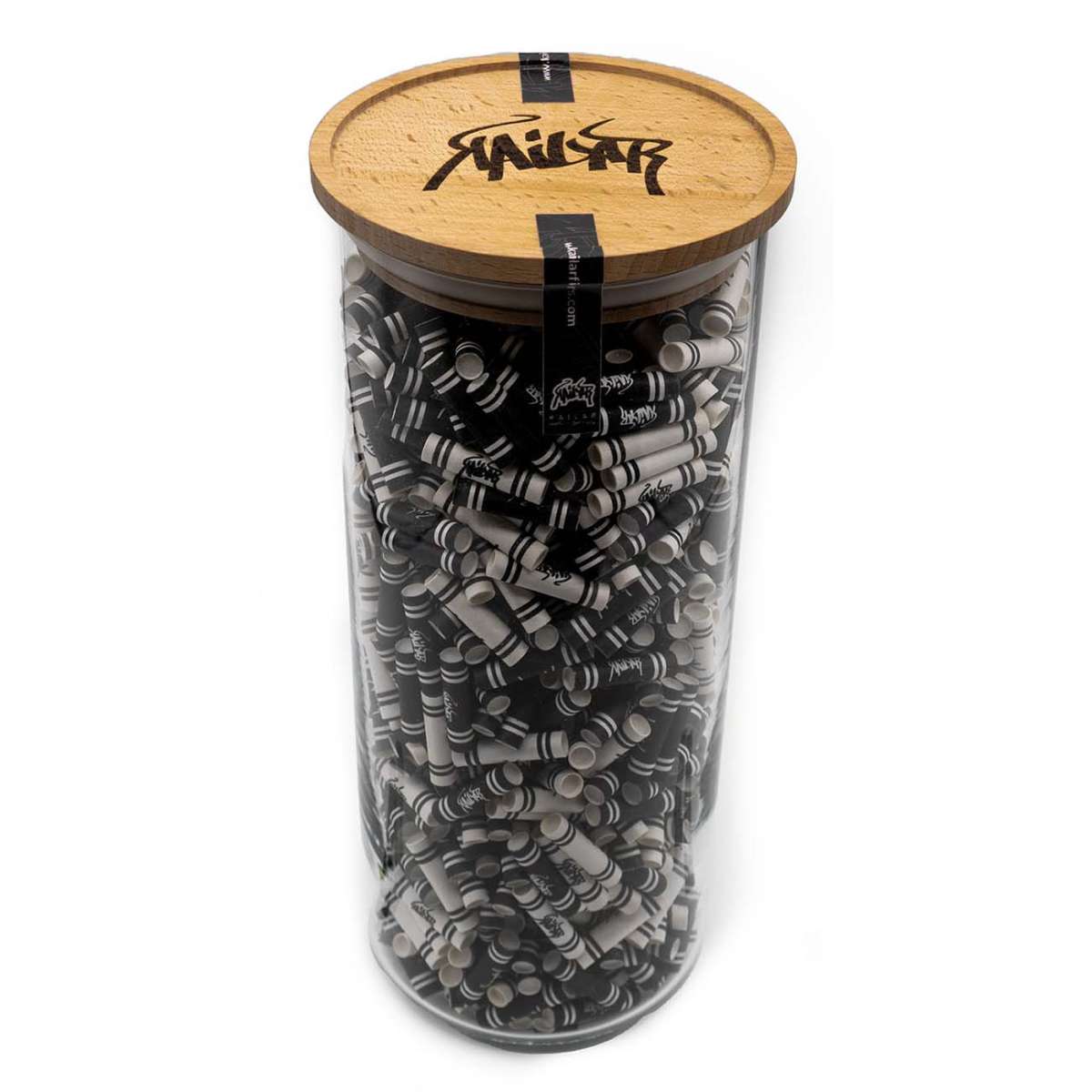 Kailar Active Filter 5.9mm aktiivihiilisuodatin, 825 kappaleen lasipurkki, suodattimet ja pakkaus esillä