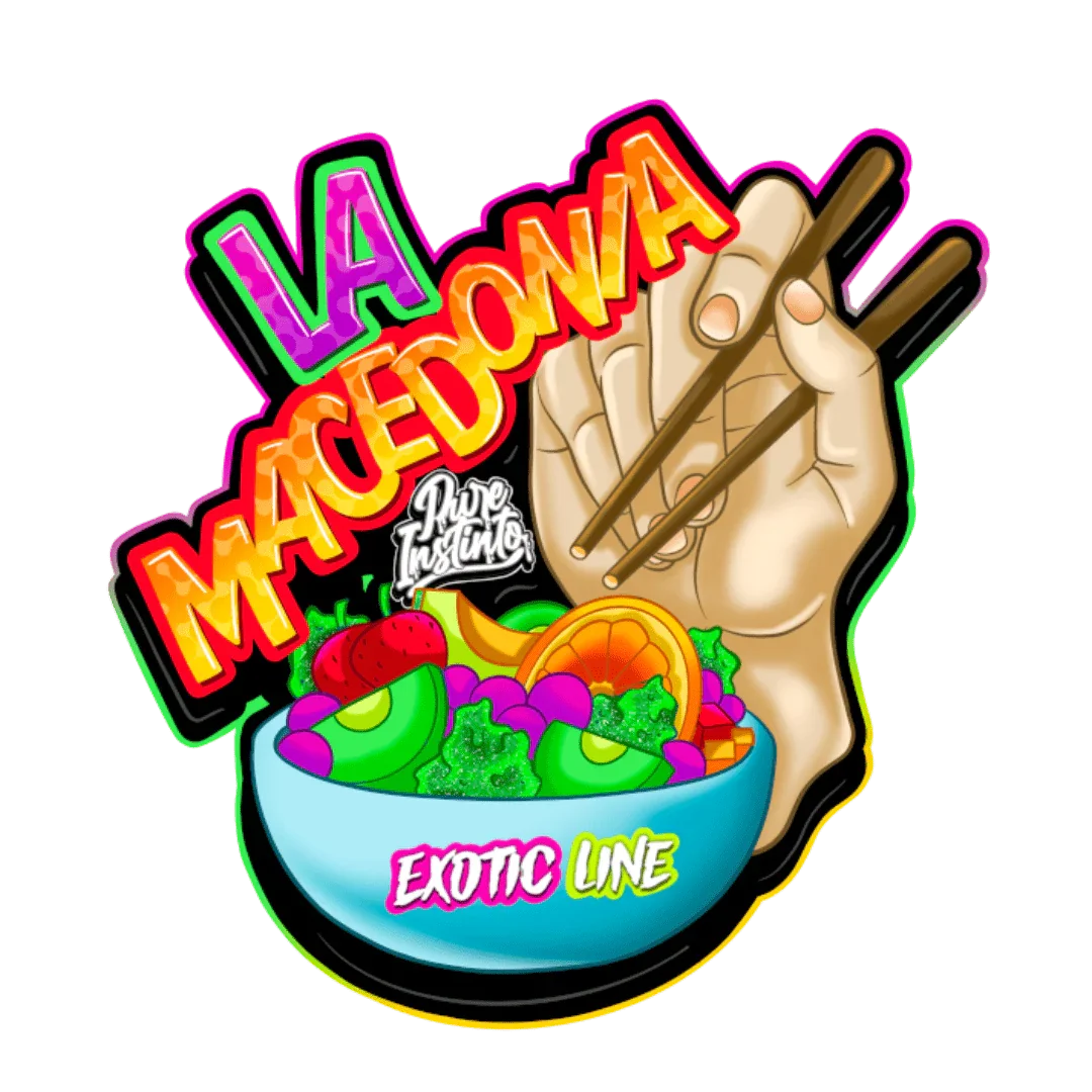 La Macedonia Pure Instinto siemenpakkaus ja Pure Instinto -logo, symboloiden korkealaatuista geneettistä perimää keräilyyn ja tutkimukseen.