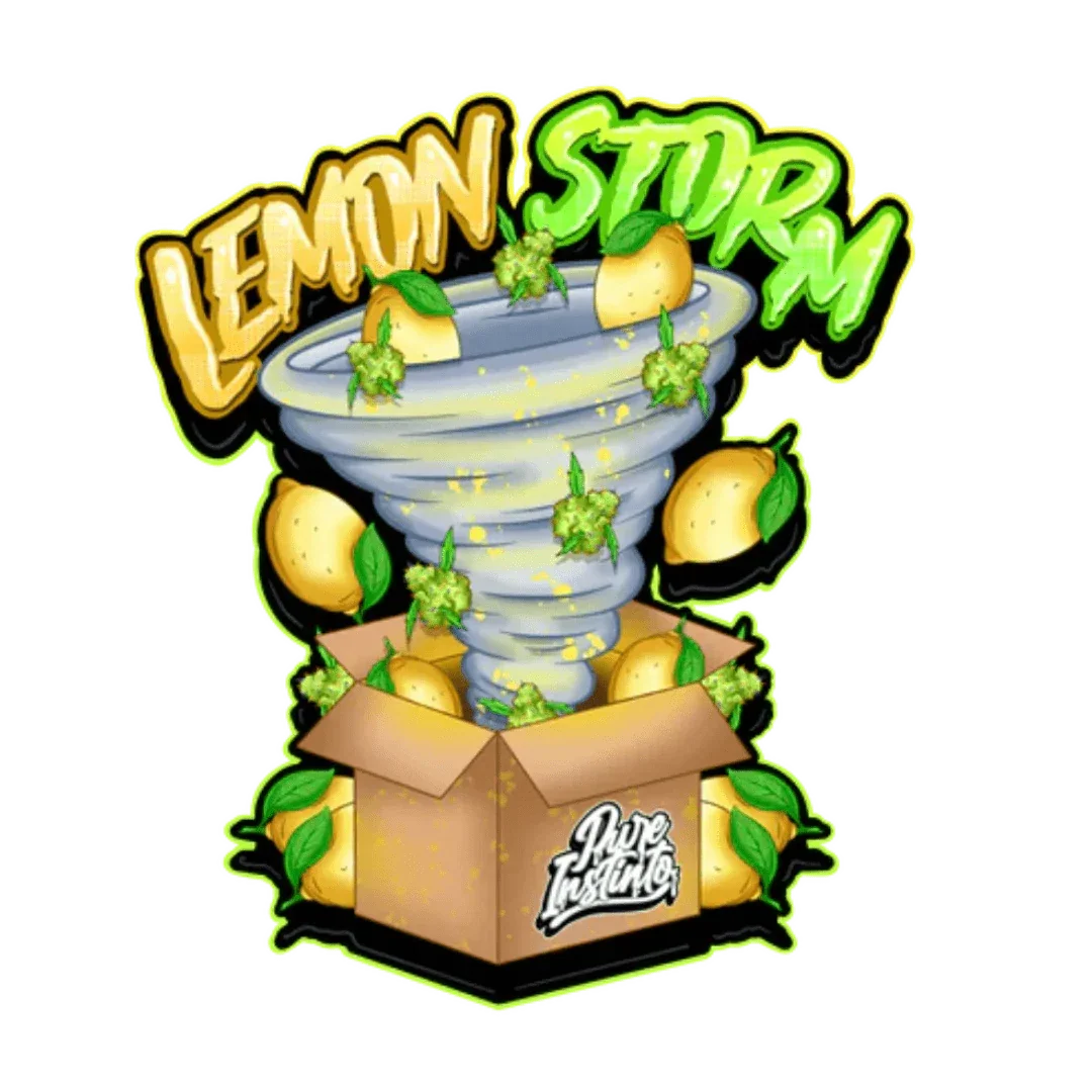 Kuva Pure Instinto Lemon Storm -siemenpakkauksesta, jossa on sitruunateema ja laatua viittaava logo kirkkailla väreillä.