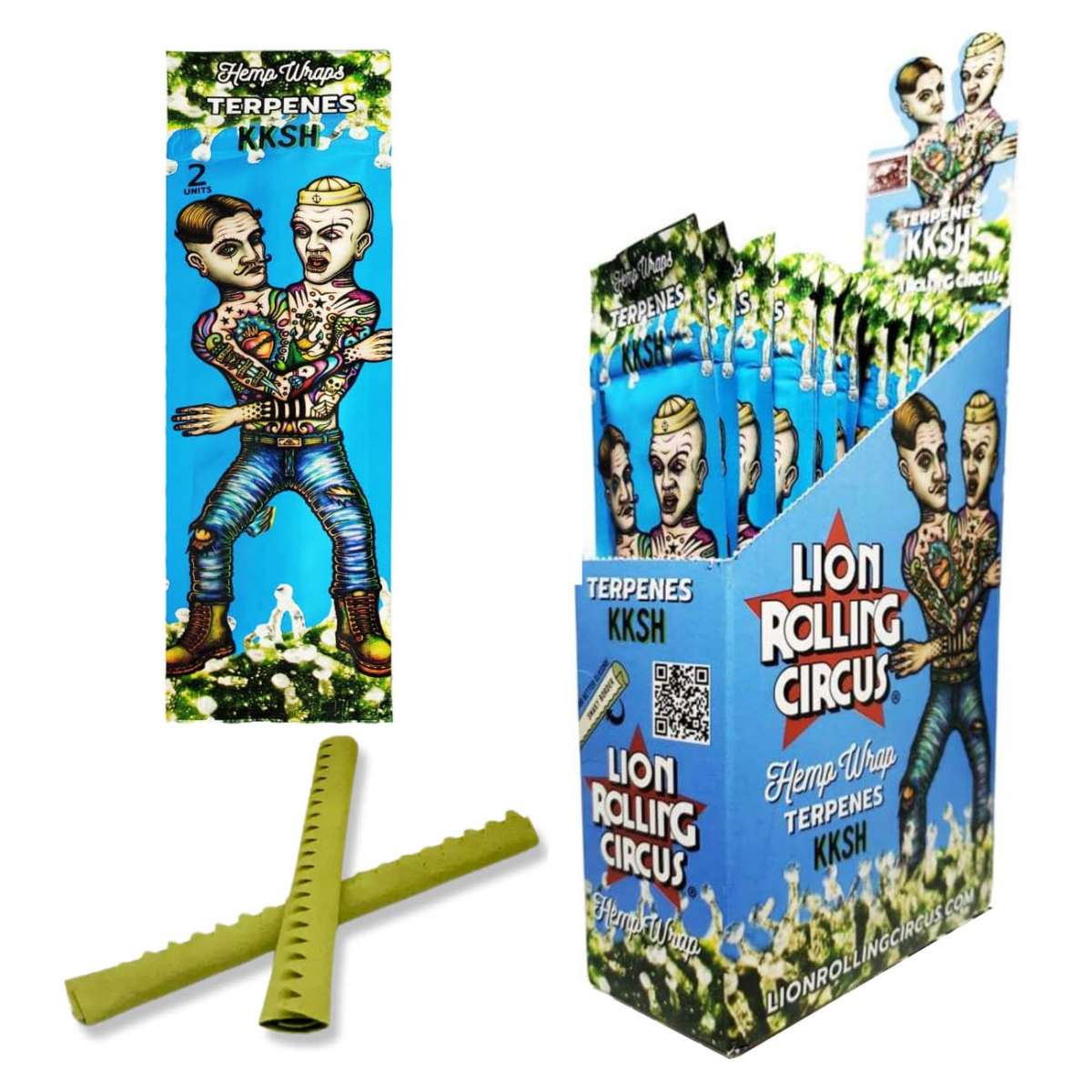 Lion Rolling Circus Hemp Wraps KKSH -pakkaus, jossa on sirkusteemainen kuvitus, ja sisältä paljastuvat kaksi ruskeaa, valmiiksi rullattavaa hamppuwrap-lehteä.
